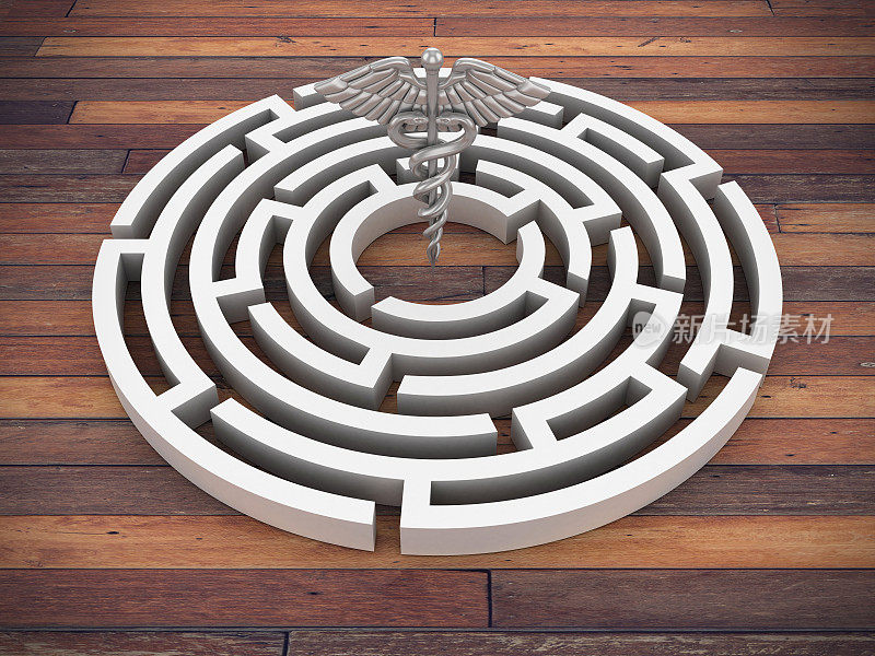 圆形迷宫与Caduceus符号- 3D渲染